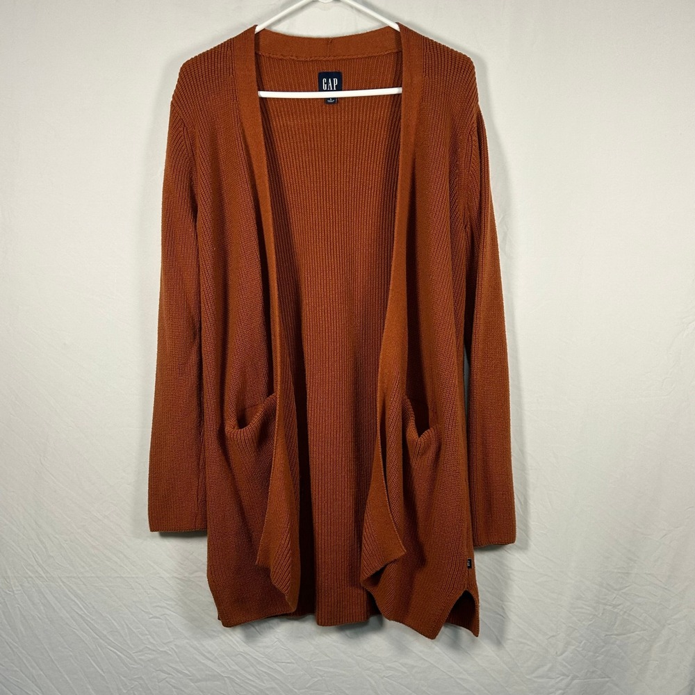 Gap Cardigan Women Large Orange Ribbed Knit Open Front Longline Pocket Sweater